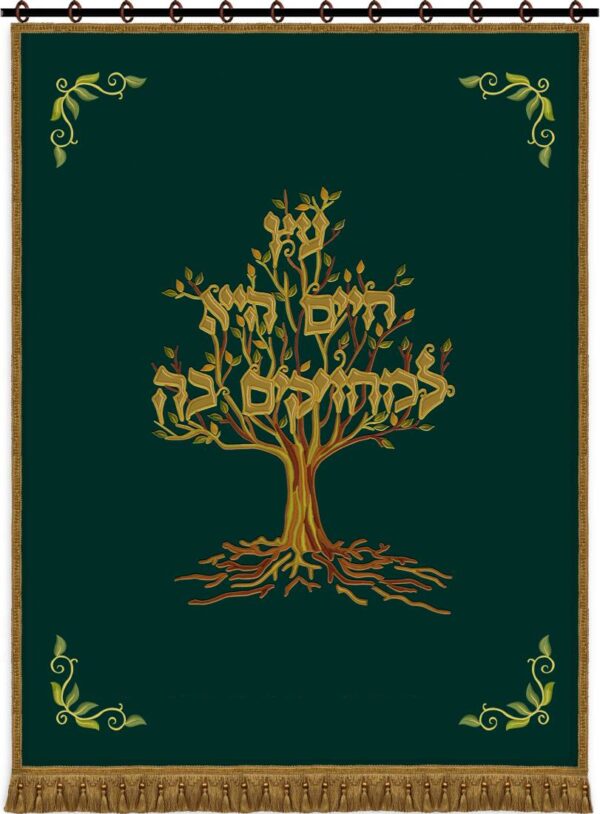 Parochet with Living Tree design embroidered on green velvet