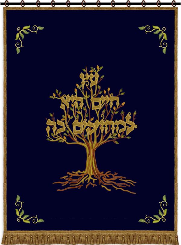 Parochet with Living Tree design embroidered on navy velvet