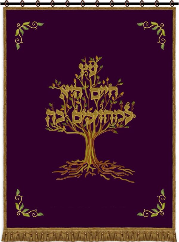 Parochet with Living Tree design embroidered on purple velvet