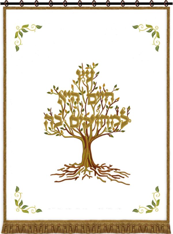 Parochet with Living Tree design embroidered on white velvet